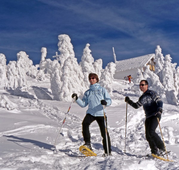 snowshoe hikers at the summit of