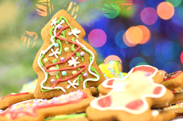 delicious decorated christmas cookies on bokeh