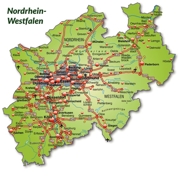 Map of North Rhine-Westphalia with transport network - Stock Photo ...