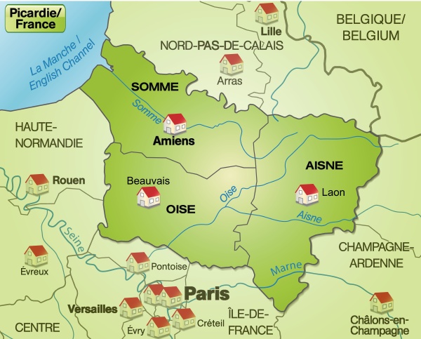 Surroundings map of Picardie with borders in pictorial - Stock Photo ...