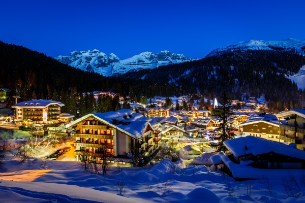 illuminated ski resort of madonna di