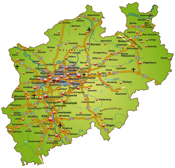 Map of North Rhine-Westphalia with transport network - Stock image ...