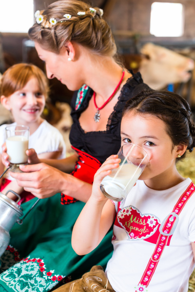 bavaria family drinks milk in cowshed