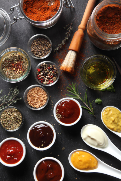 assorted seed type spices and sauces