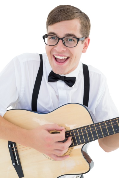 nerdy hipster playing the guitar