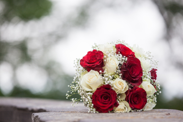 bridal bouquet white and red roses