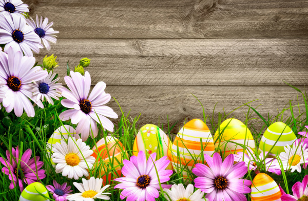 easter eggs and flowers against a