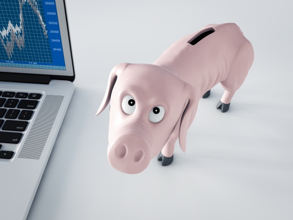 thin piggy bank besides laptop with