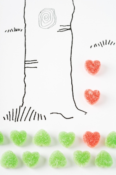 candy hearts and drawing of tree