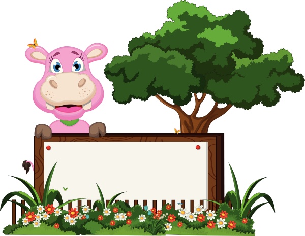 funny hippo cartoon with blank sign in flower garden - Royalty free image  #18180342 | PantherMedia Stock Agency
