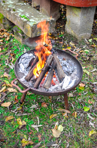 burning wood in fire bowl