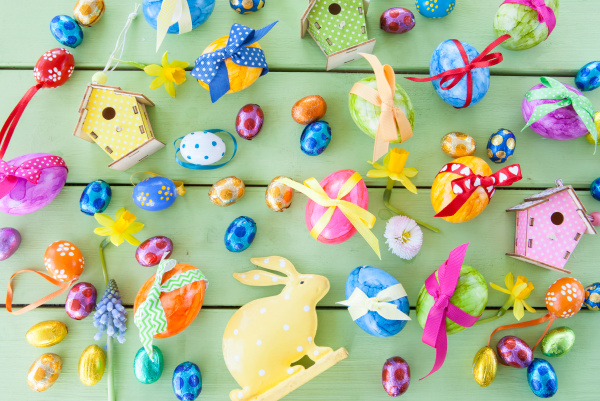 colorful easter eggs with bows