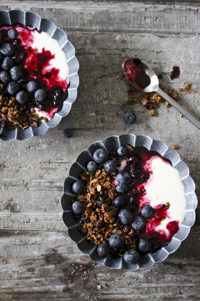 bowls of blueberry yoghurt with blueberries