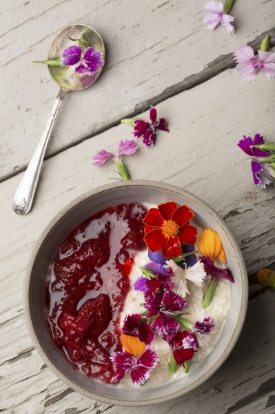 a breakfast of porridge with strawberry