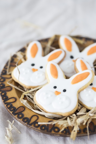 easter bunny cookies on a wooden
