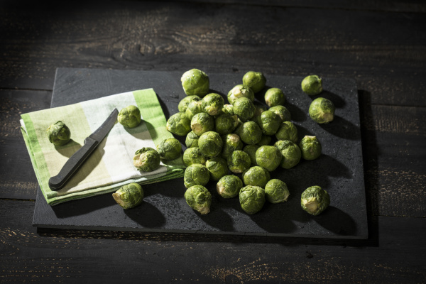 brussel sprouts on slate