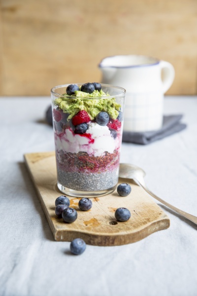 chia pudding with avocado and berries