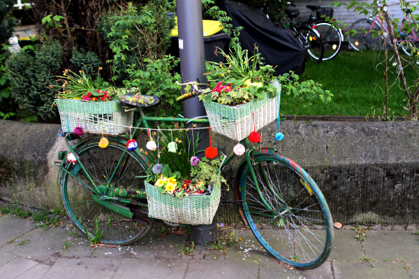 bicycle decorated with flowers on the