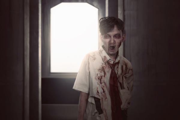 scary asian zombie man in clothes