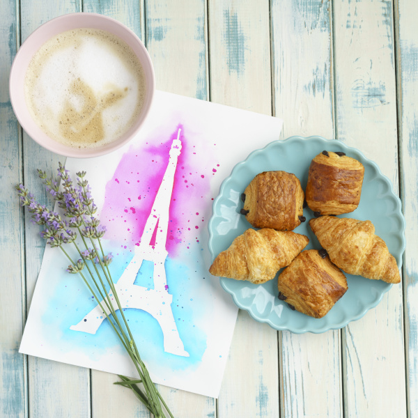 french brekfast with chocolate croissants and