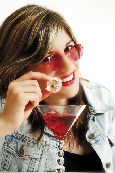 young woman with pink sunglasses and