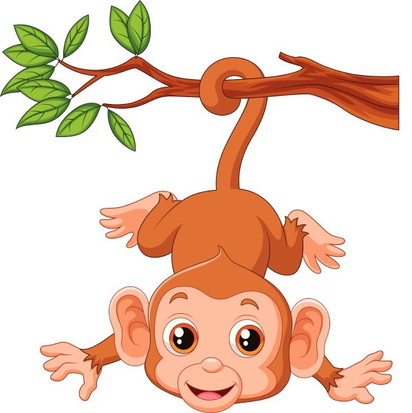 cute cartoon monkey hanging from a tree