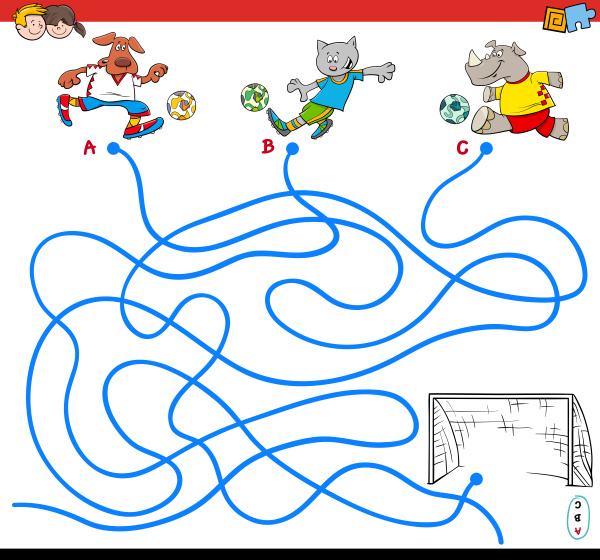 paths maze game with soccer animals