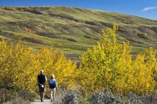 couple walking along gravel trail within
