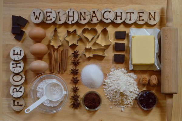 baking ingredients with wooden pieces and