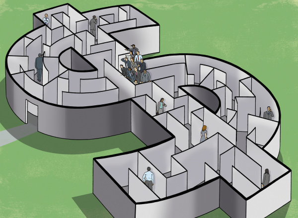 business people in a dollar maze