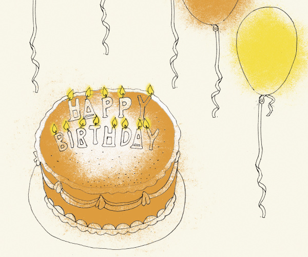 birthday cake and balloons