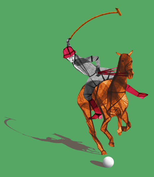 polo player riding horse hitting ball