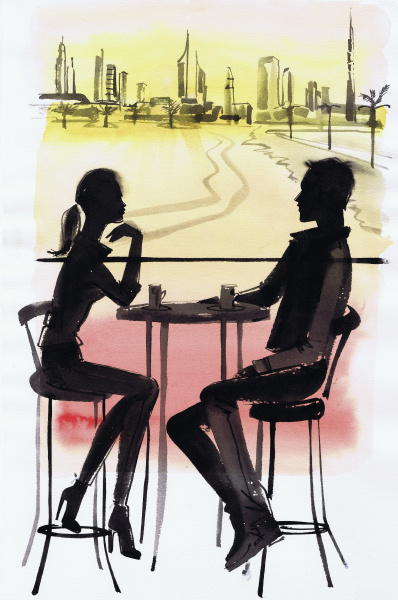 young couple in cafe silhouetted against