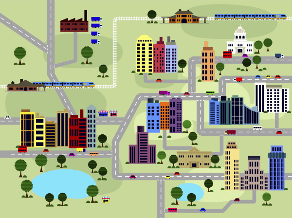 layout of roads and buildings in
