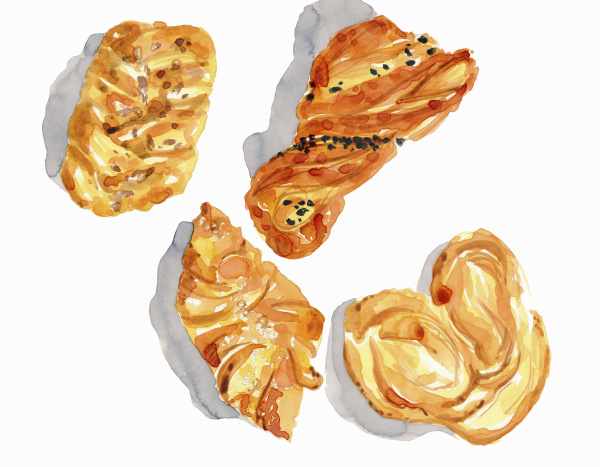 watercolor painting of different danish pastries