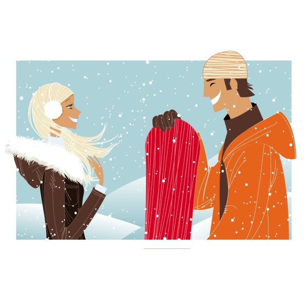 couple laughing in snow with snowboard