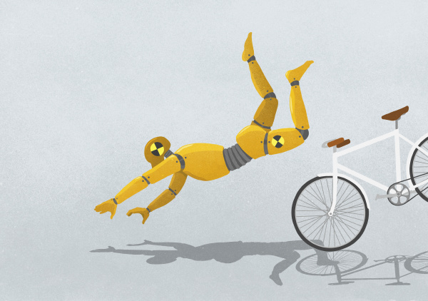 crash test dummy flying over bicycle