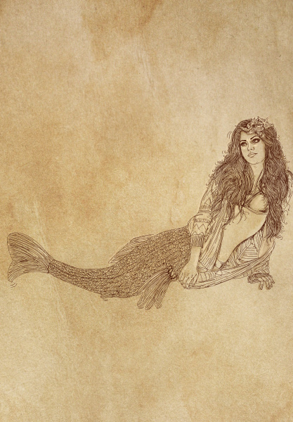 long haired mermaid leaning to her