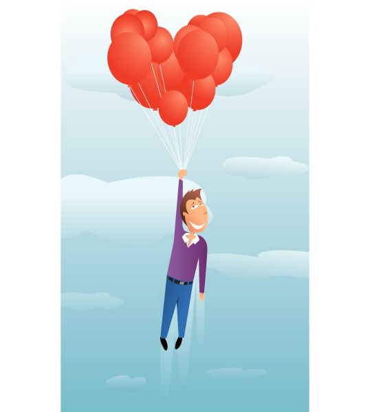 guy floating with valentine balloons