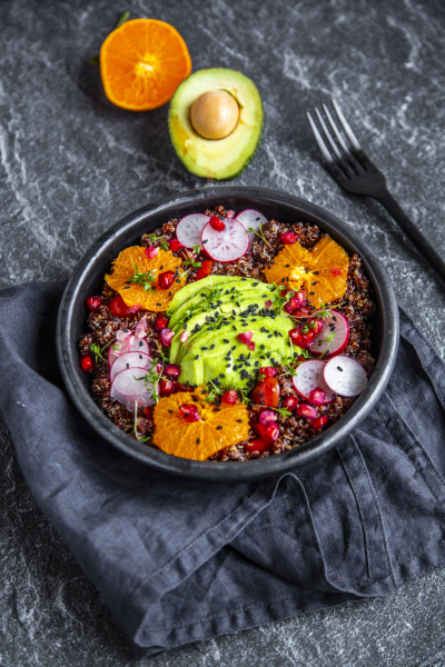 red quinoa salad with avocado