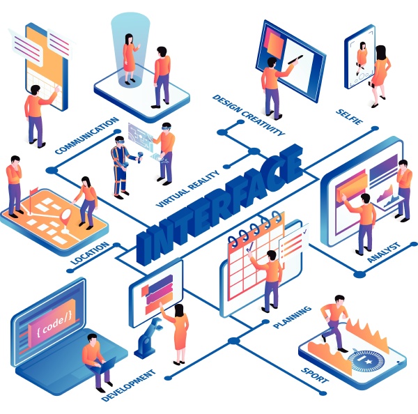 isometric people interfaces flowchart composition with