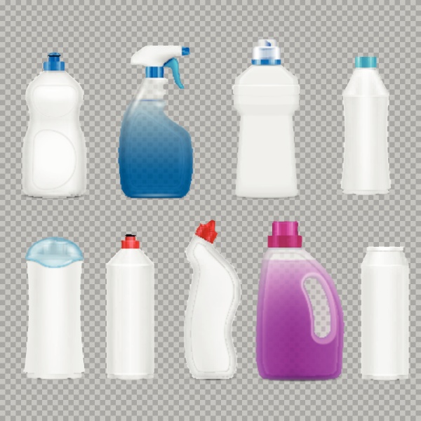 detergent bottles set of realistic images