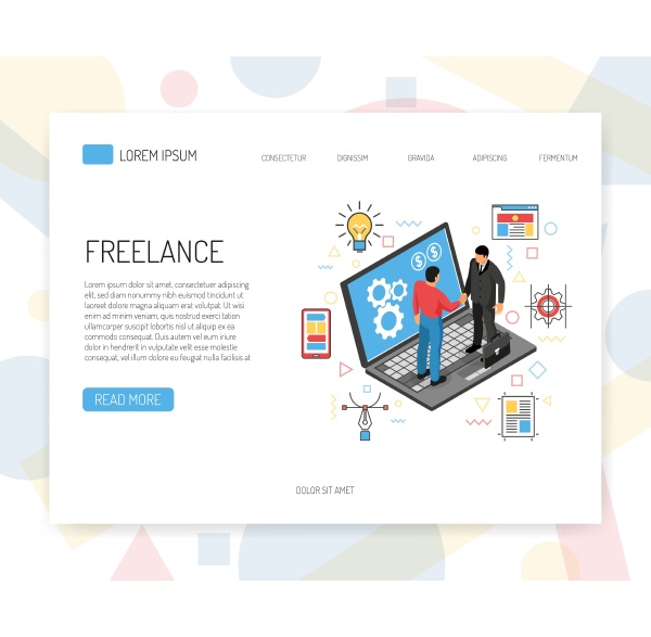 isometric freelancer concept banner with clickable