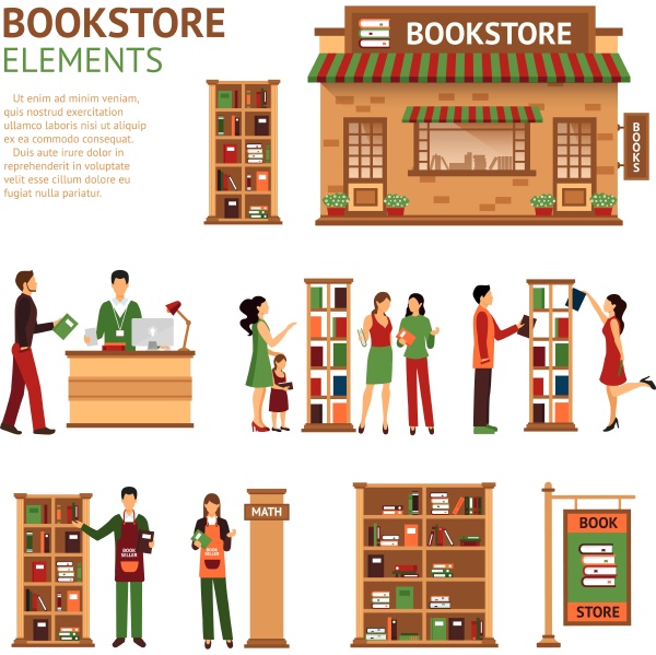 images set of bookstore elements like