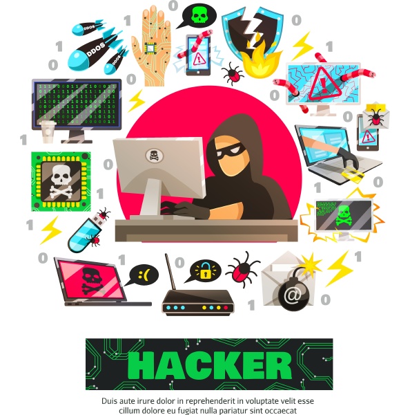 hacker background with computer criminal character