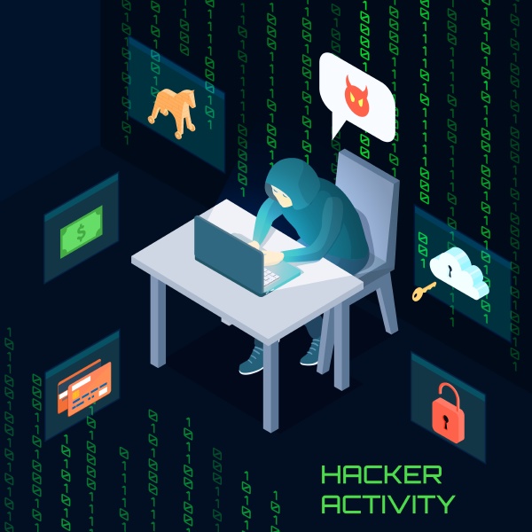 hacker activity isometric composition with malware