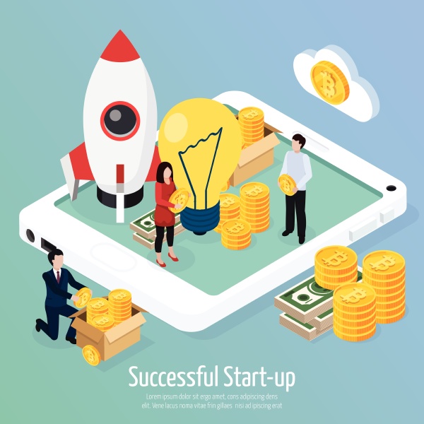 cryptocurrency successful startup isometric composition on