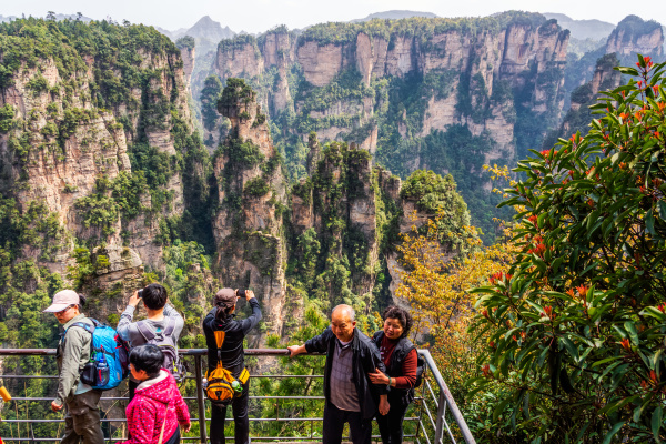 senior tourists taking pictures in wulingyuan