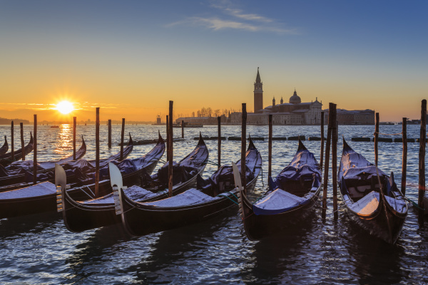 venetian winter sunrise after snow with