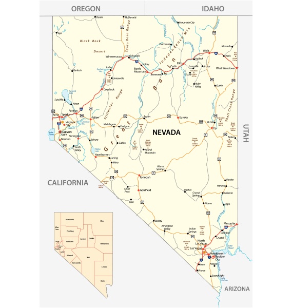 Nevada road and administrative map with interstate US - Stock Photo ...